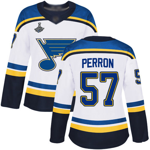 Adidas Blues #57 David Perron White Road Authentic Stanley Cup Champions Women's Stitched NHL Jersey